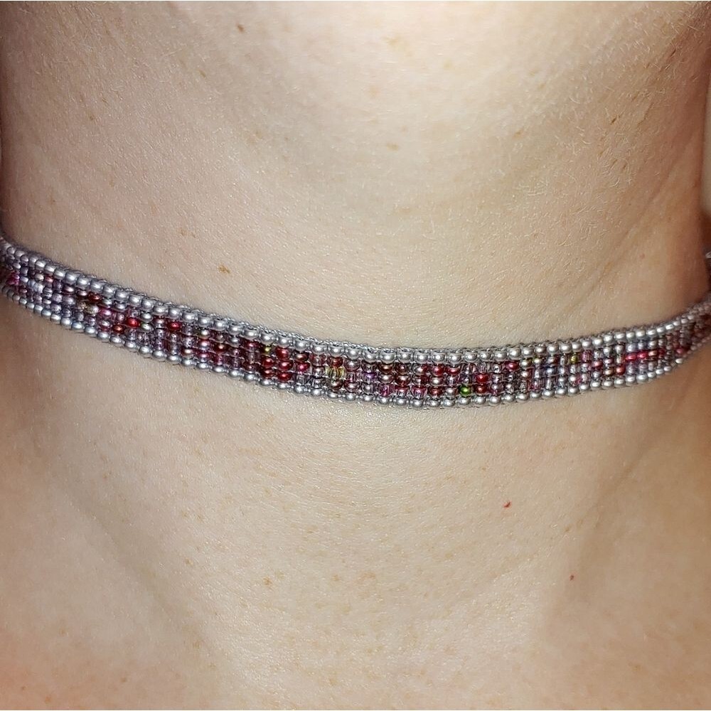 Loom Beaded Choker Necklace Silver w/ Red